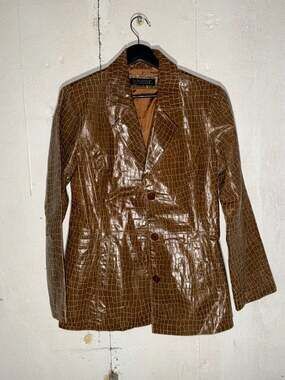 Vintage Dialogue Brown Faux Croc Embossed Leather Button Up Jacket
